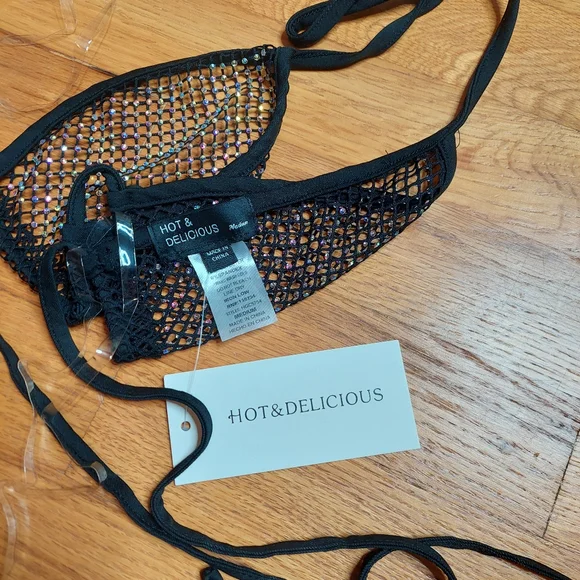 Hot & Delicious Black Mesh Bedazzled Rhinestone Festival Bikini Top Medium NWT - Picture 6 of 9